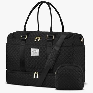 New Black Quilted Travel Bag 2 piece Set w Shoe Compartment